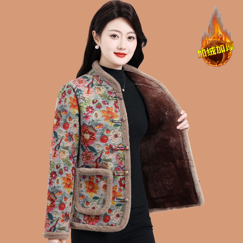 妈妈冬装加绒棉衣保暖外套大码中老年女装秋冬加厚棉服花色小棉袄