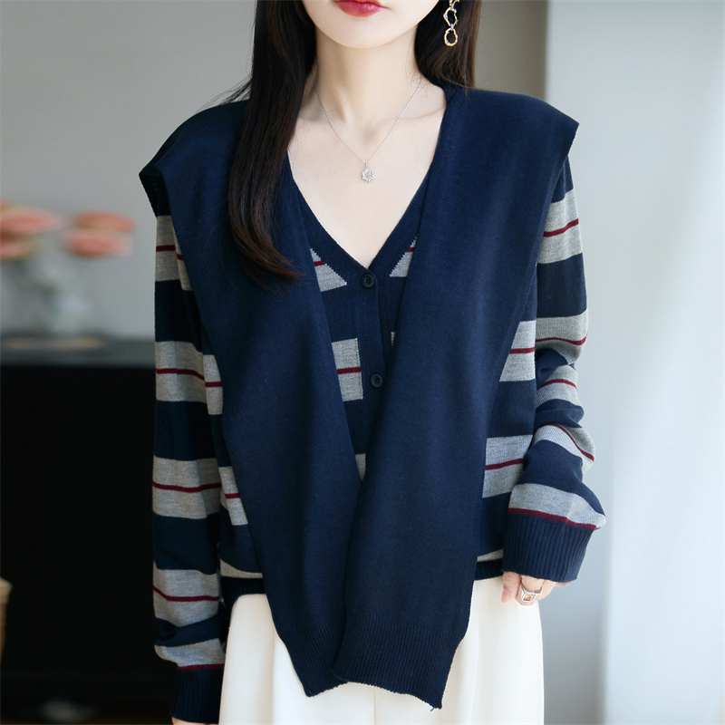 哥弟阿玛施正品早秋新款撞色条纹羊毛开衫宽松长袖百搭披肩针织衫