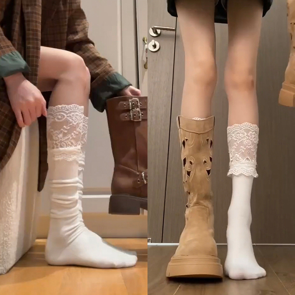 蕾丝花边小腿袜子女春秋白色过膝袜jk长袜配靴子黑色长筒袜女秋冬