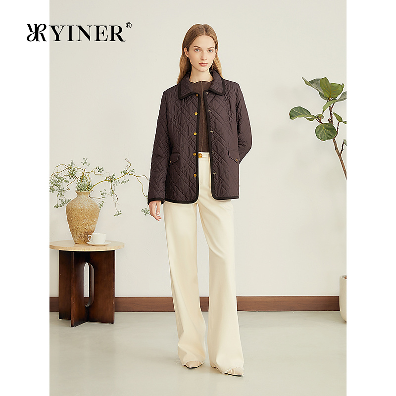 YINER音儿专选2025秋季新款复古琥珀桑蚕丝填充菱格纹短外套