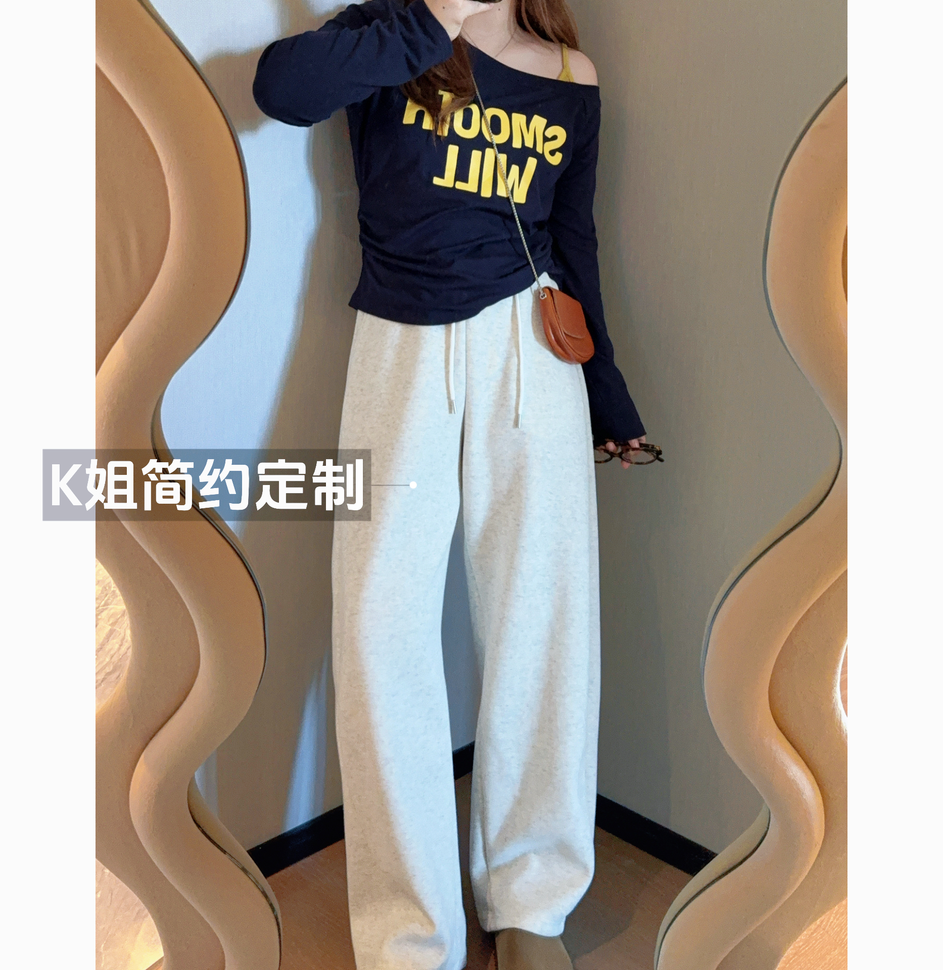 "KK定制"早秋新款阔腿弯刀裤高腰显瘦宽松直筒休闲裤D2079