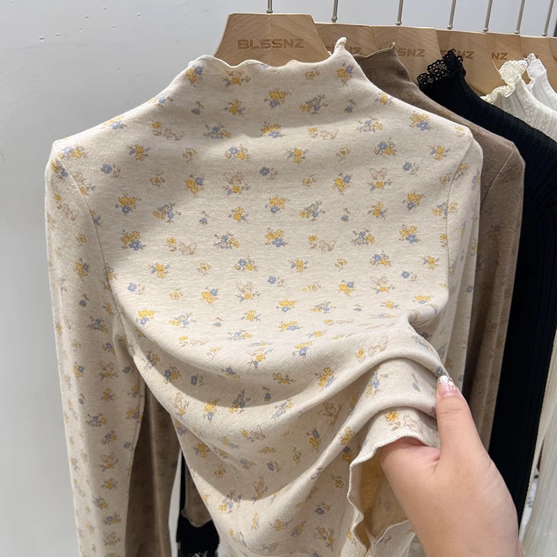 木耳边高级感半高领打底衫女春秋内搭2025年新款上衣碎花长袖t恤