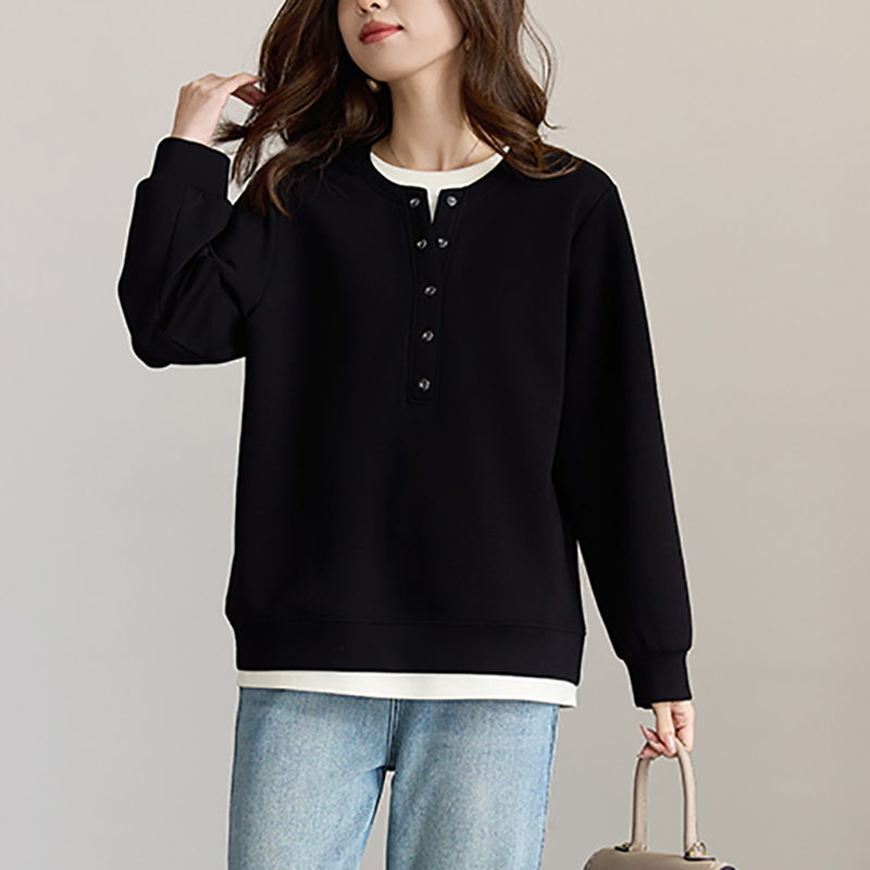 黑色拼接假两件长袖卫衣女2025早秋新款宽松百搭显瘦休闲圆领上衣