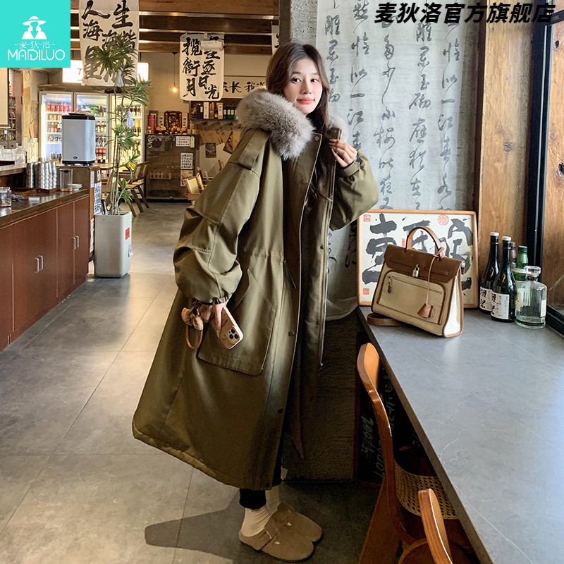 卡其绿韩版大毛领连帽工装派克服女2025秋冬季新款长款大口袋女服