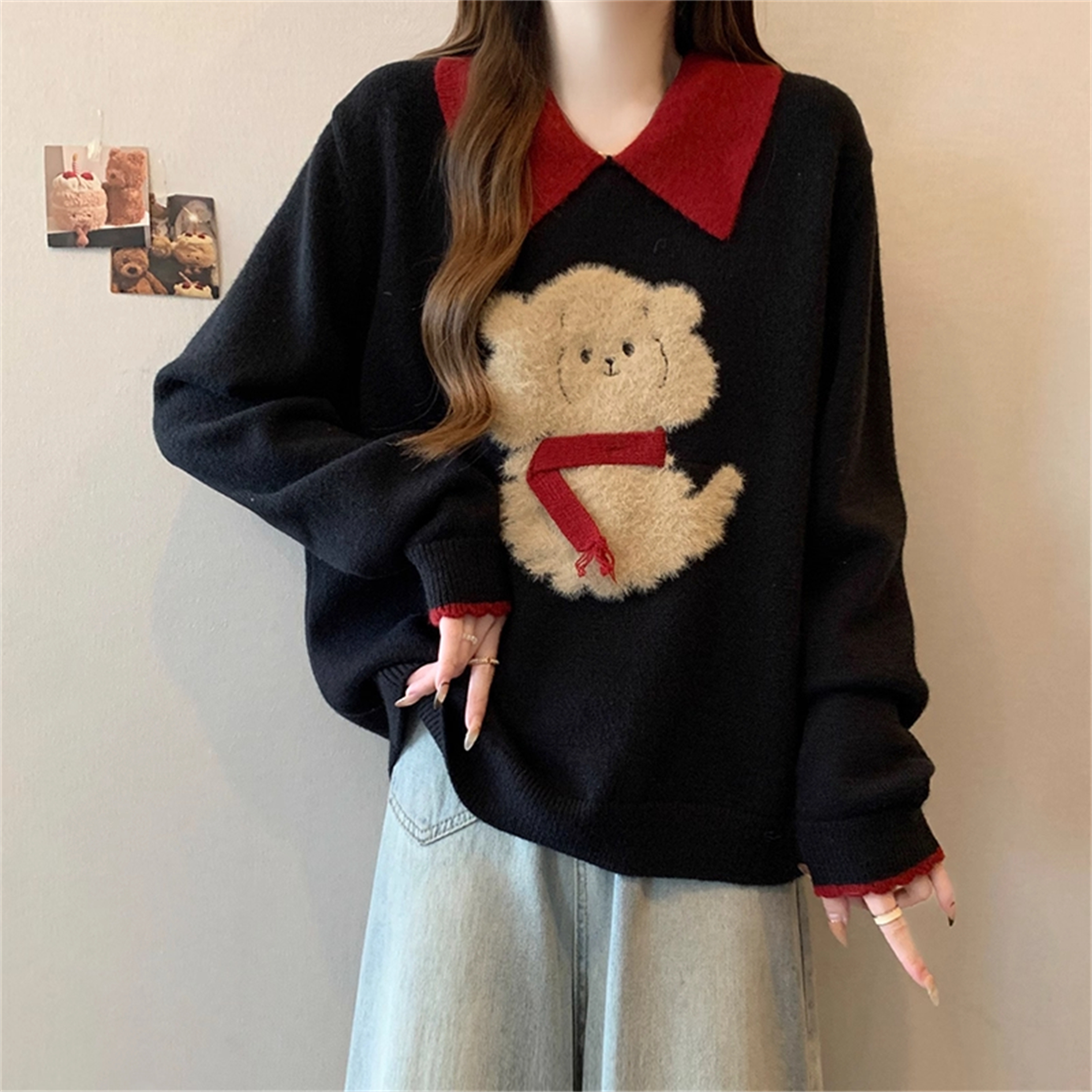 可爱小熊POLO领百搭毛衣女秋冬大码胖mm遮肚子宽松显瘦针织打底衫