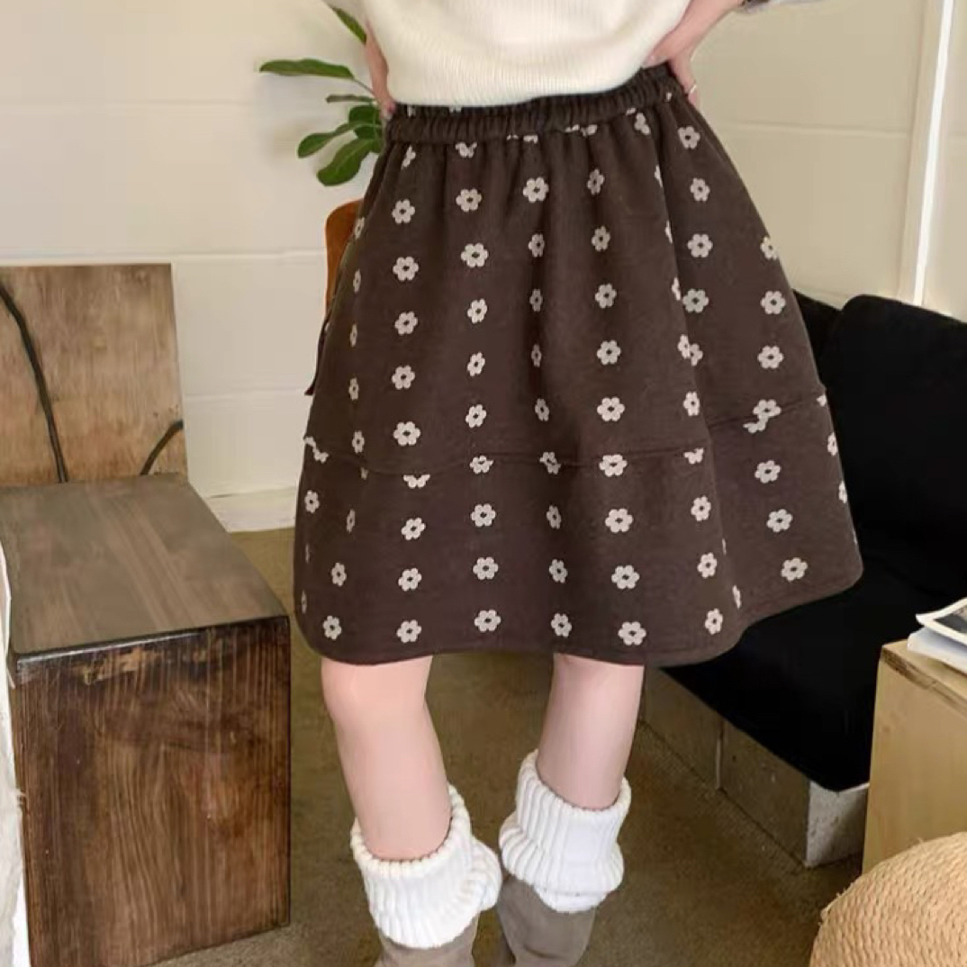 韩系松紧腰花朵加厚呢子半身裙女冬复古甜美高腰拼接蓬蓬花苞中裙