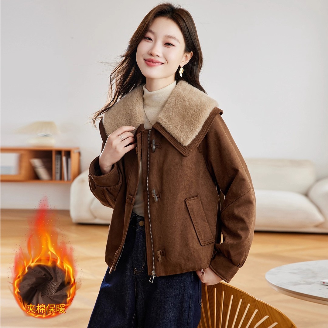 雅鹿加绒加厚大翻领外套女2025秋冬新款潮流麂皮绒洋气夹克上衣潮