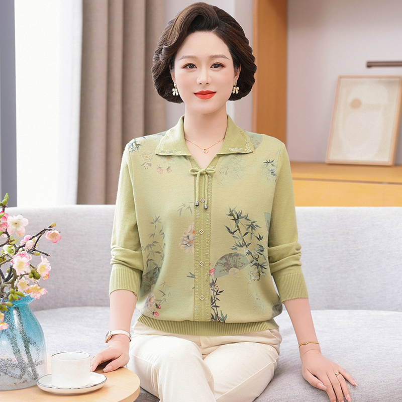妈妈装春秋新款针织衫上衣中年女装洋气翻领T恤中老年秋季打底衫