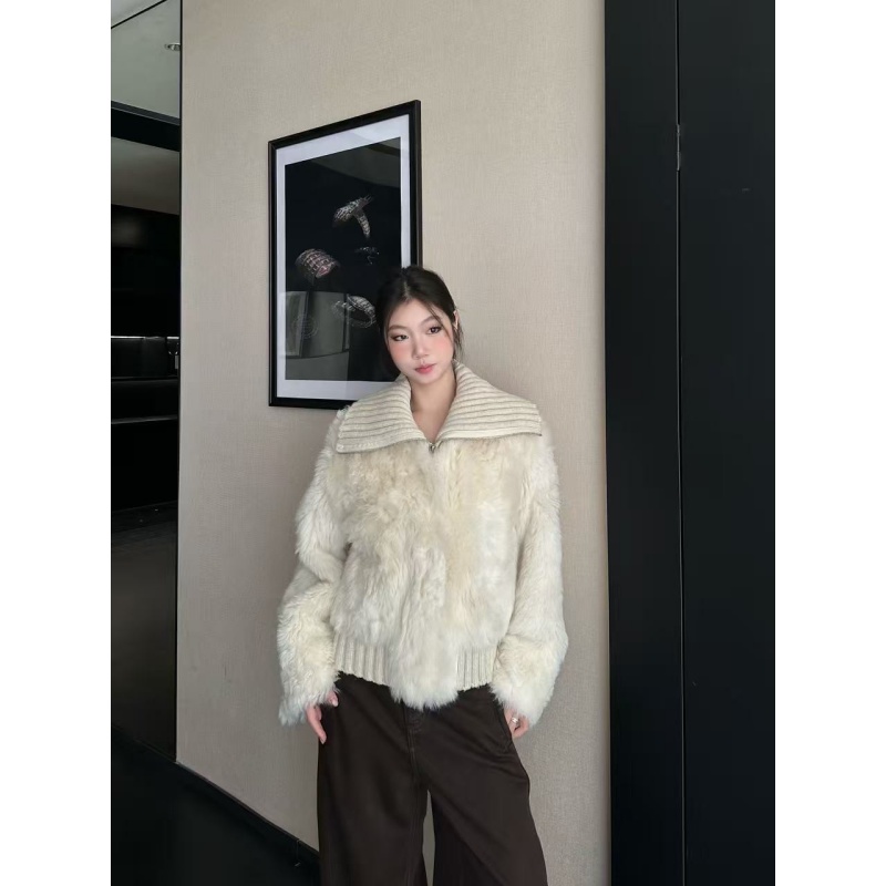 withmin凉皮 毛毛秋冬拼接保暖短款翻领保暖拉链外套2524735现货