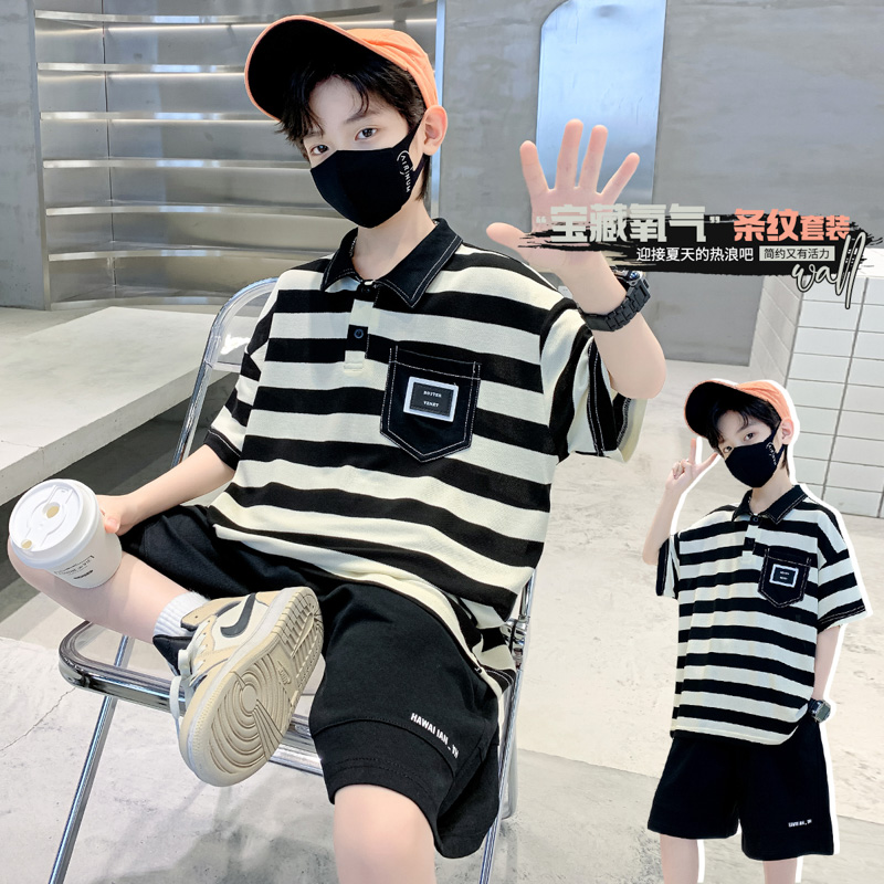 GUYN新款夏季条纹短袖休闲运动两件套男女童潮韩版时尚棉裤子