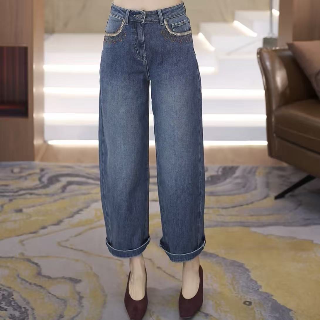 【渲渲推荐】KKI-9154秋季时尚百搭花纹口袋牛仔裤