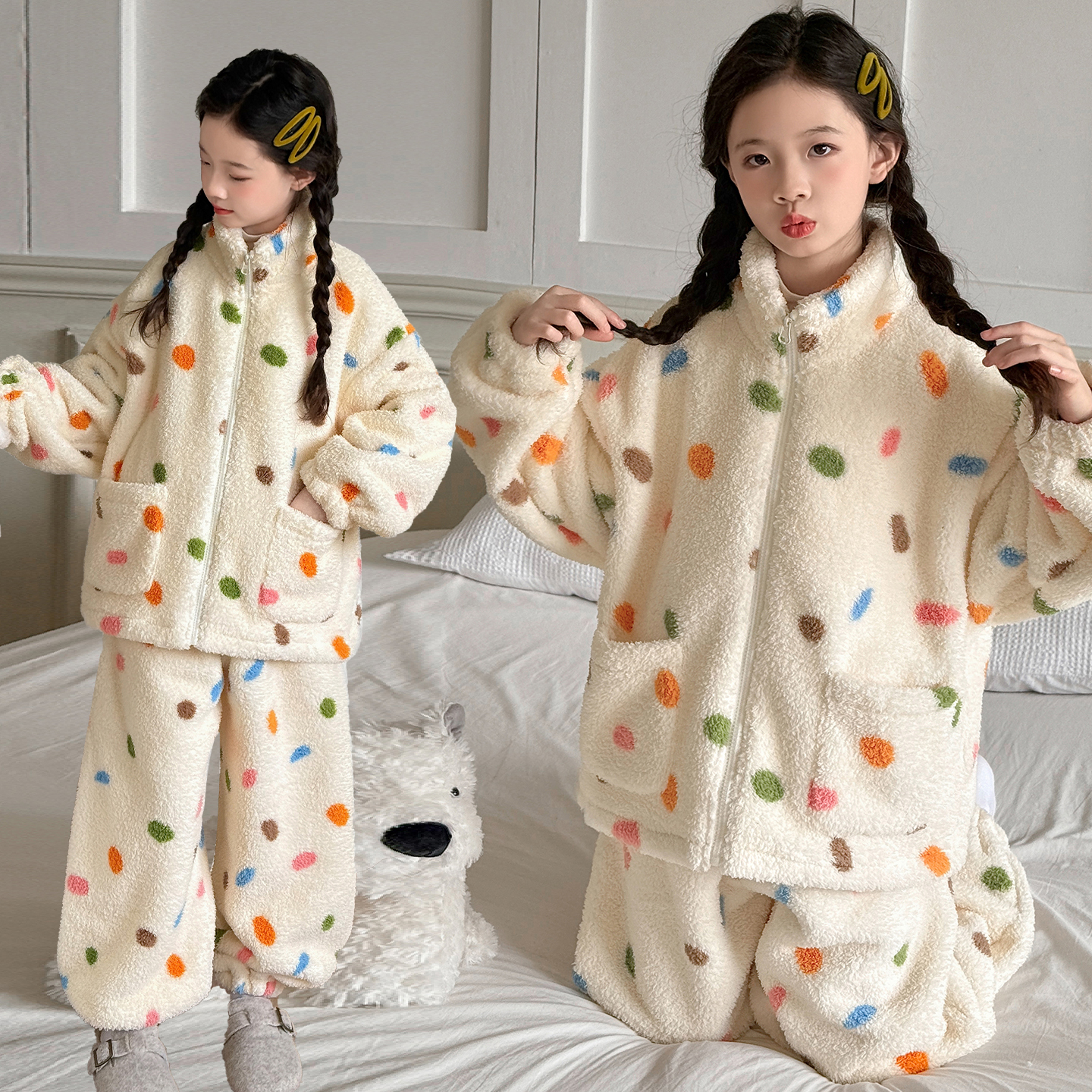 女童双面绒加厚睡衣2025新款大童女孩珊瑚绒保暖儿童家居服套装冬