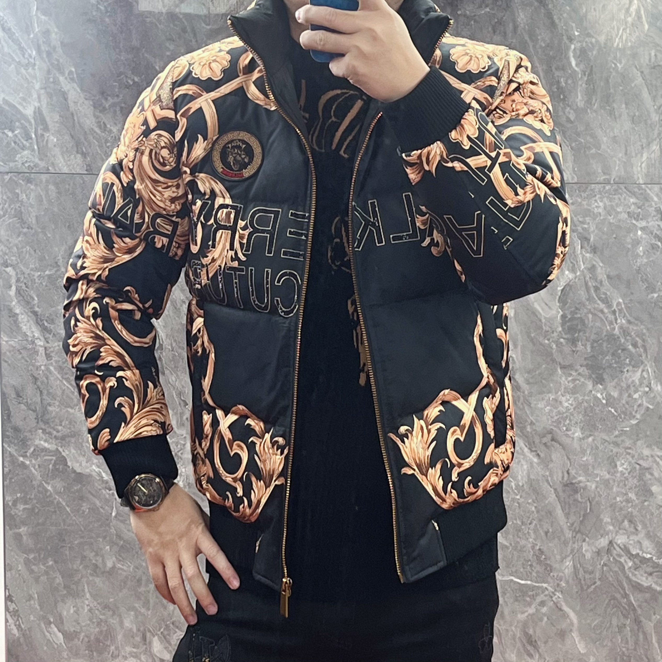 冬季男士立领羽绒服时尚个性印花烫钻百搭保暖外套