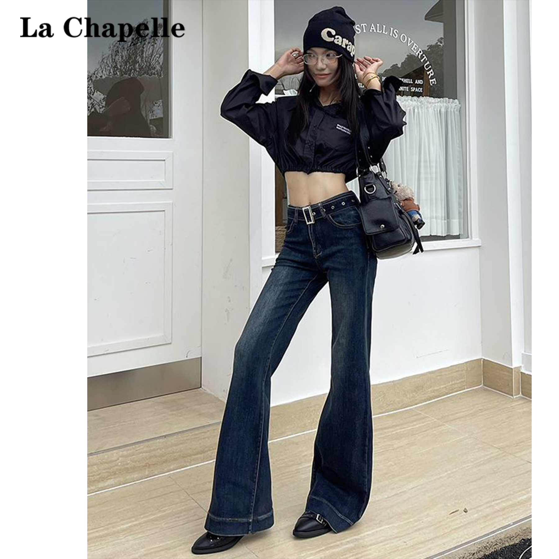 La Chapelle/拉夏贝尔蓝灰色牛仔喇叭裤女2025早秋设计感微喇长裤