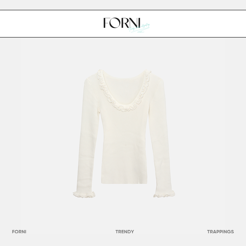 FORNI 玫瑰庄园花边领修身上衣木耳边长袖针织衫打底衫女