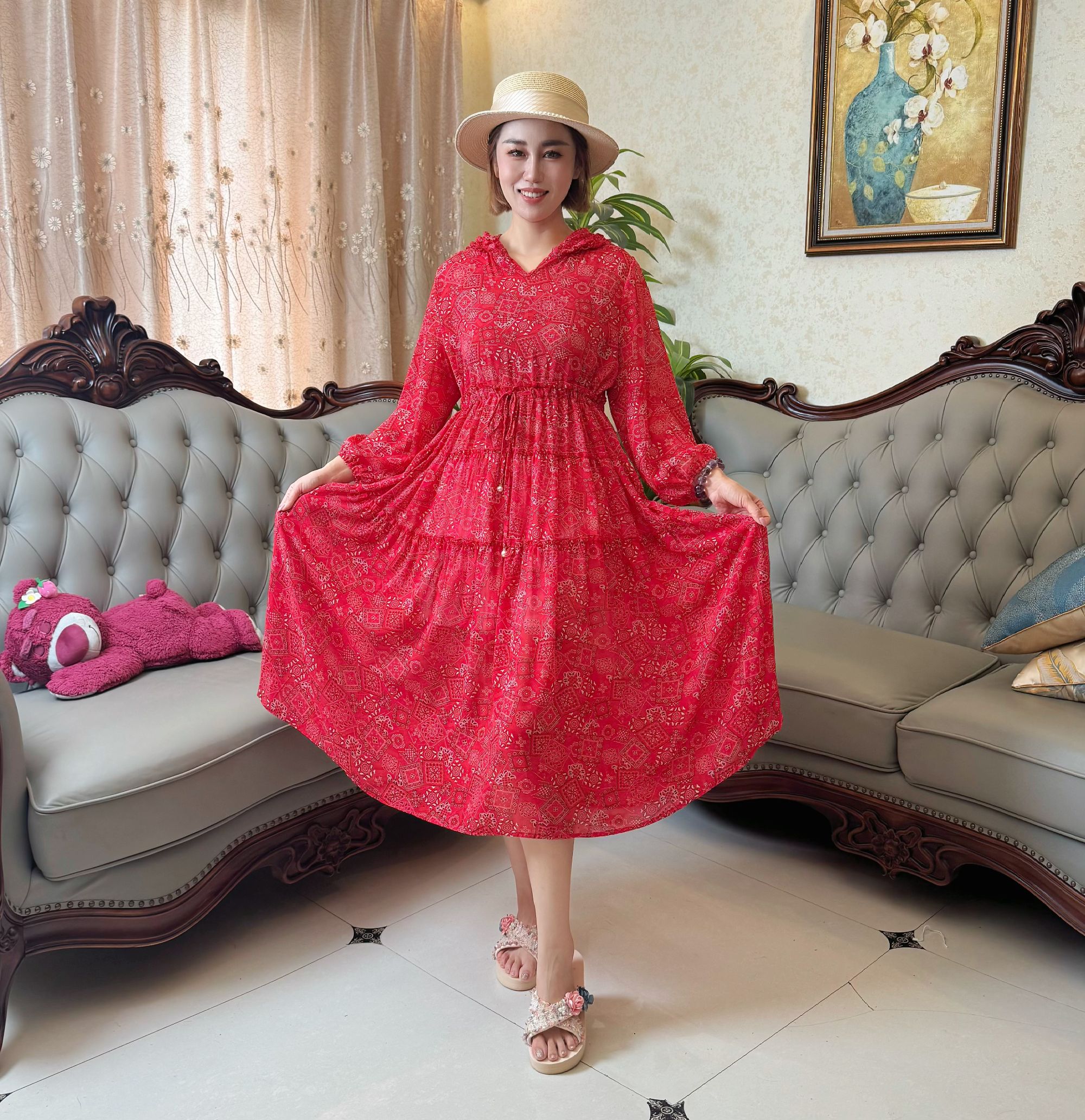 【连帽红色意式】连帽防晒沙滩裙碎花裙子显瘦时尚洋气气质连衣裙