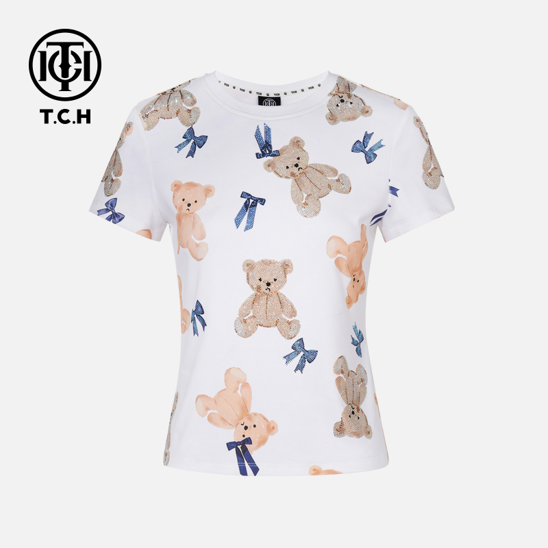 TCH轻奢烫钻工艺时尚休闲设计小熊蝴蝶结T恤女T75C10E9008私服tch