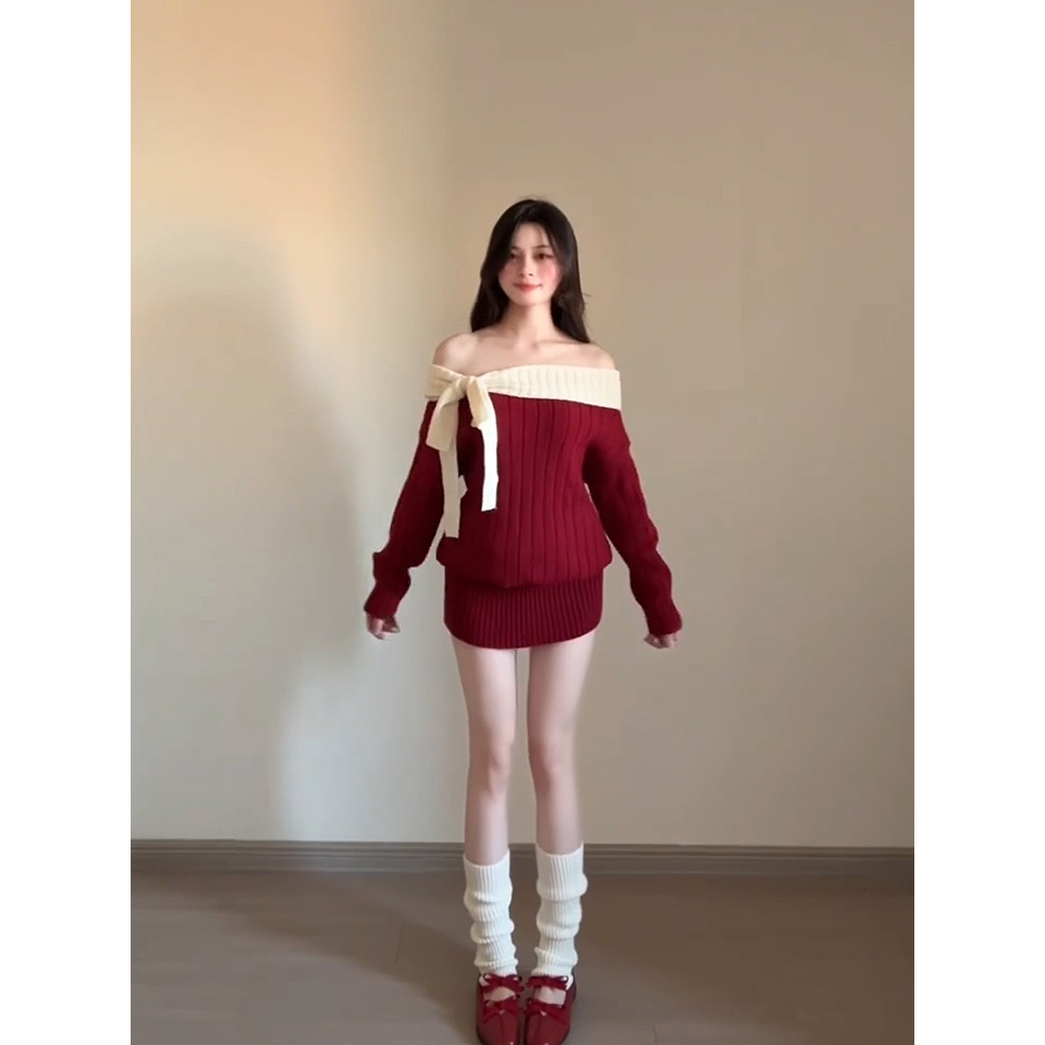 红色圣诞穿搭一字肩蝴蝶结长袖针织连衣裙女冬露肩短裙