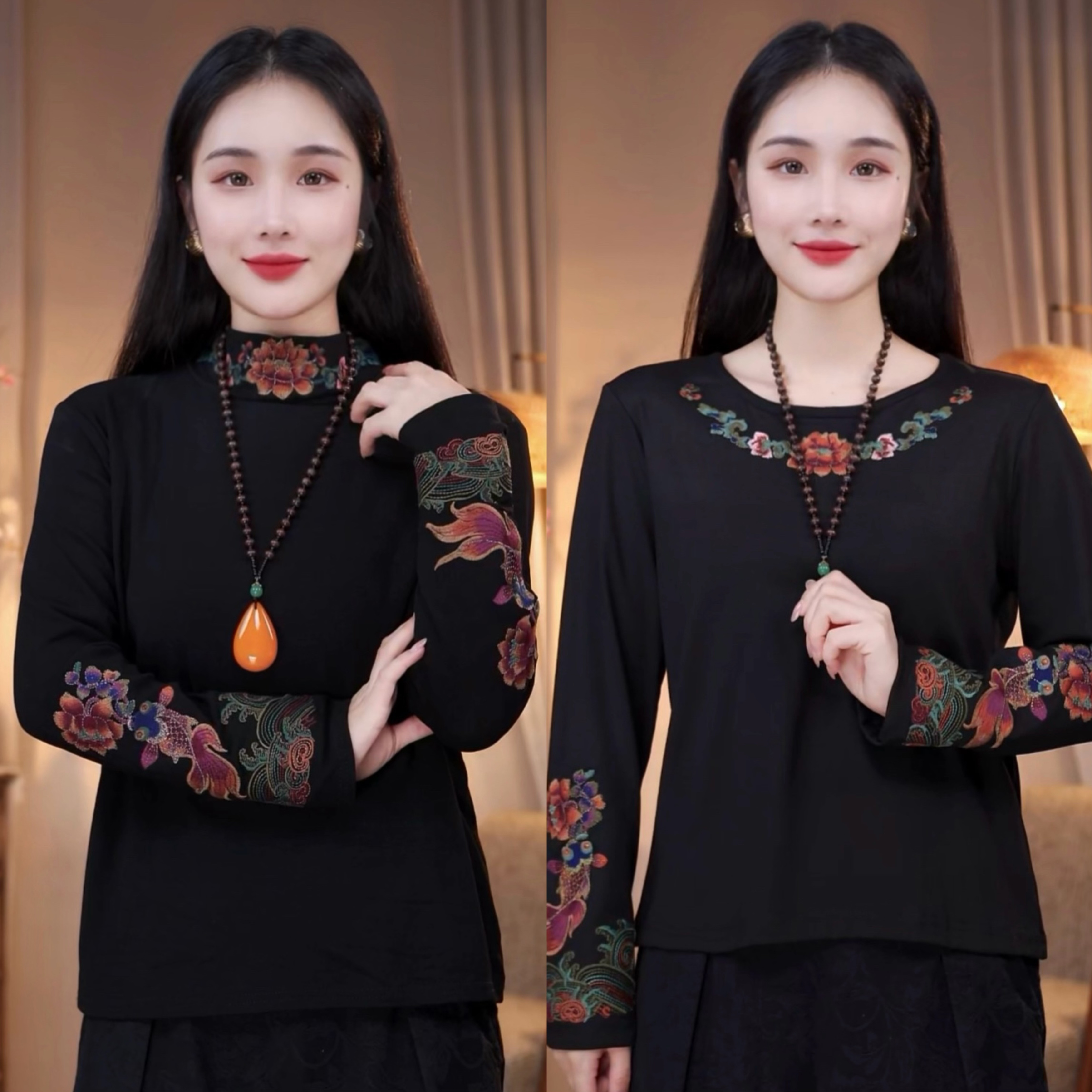 引卷  锦鲤刺绣国风款秋季新款宽松版民族风打底衫