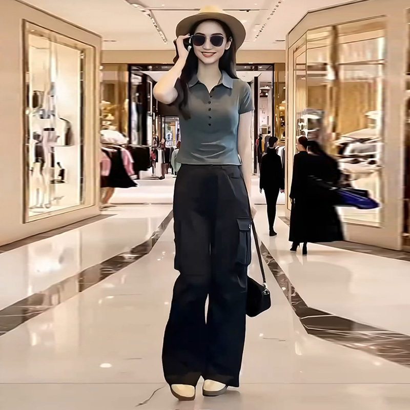 洋气衣服女夏季新款纯欲风休闲上衣高腰显瘦黑色工装裤休闲两件套