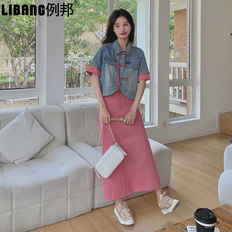 粉色复古国风牛仔套装女2025夏季新款气质高级新中式半身裙两件套