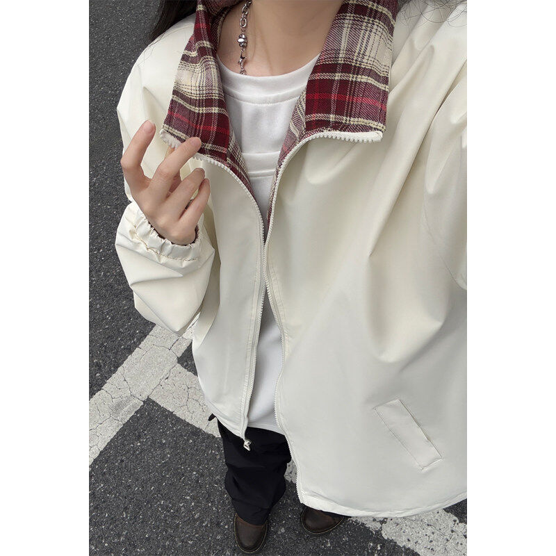 fitcheck格子拼接夹克男春秋复古设计感无帽上衣美式翻领情侣外套