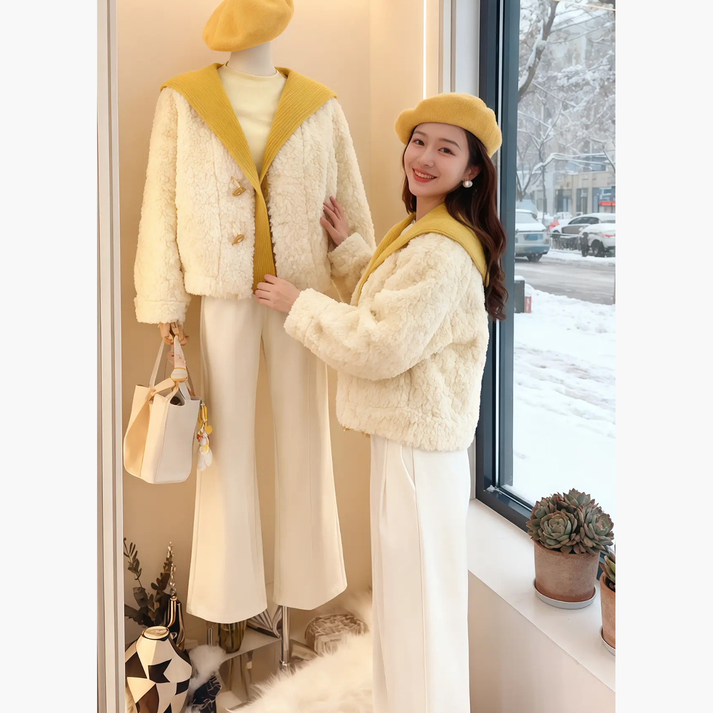 韩系气质小个子海军领毛毛外套2025秋冬新款时尚百搭加厚上衣女