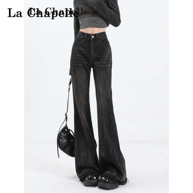 拉夏贝尔黑色微喇牛仔裤女2025秋季新款小个子高腰显瘦修身喇叭裤