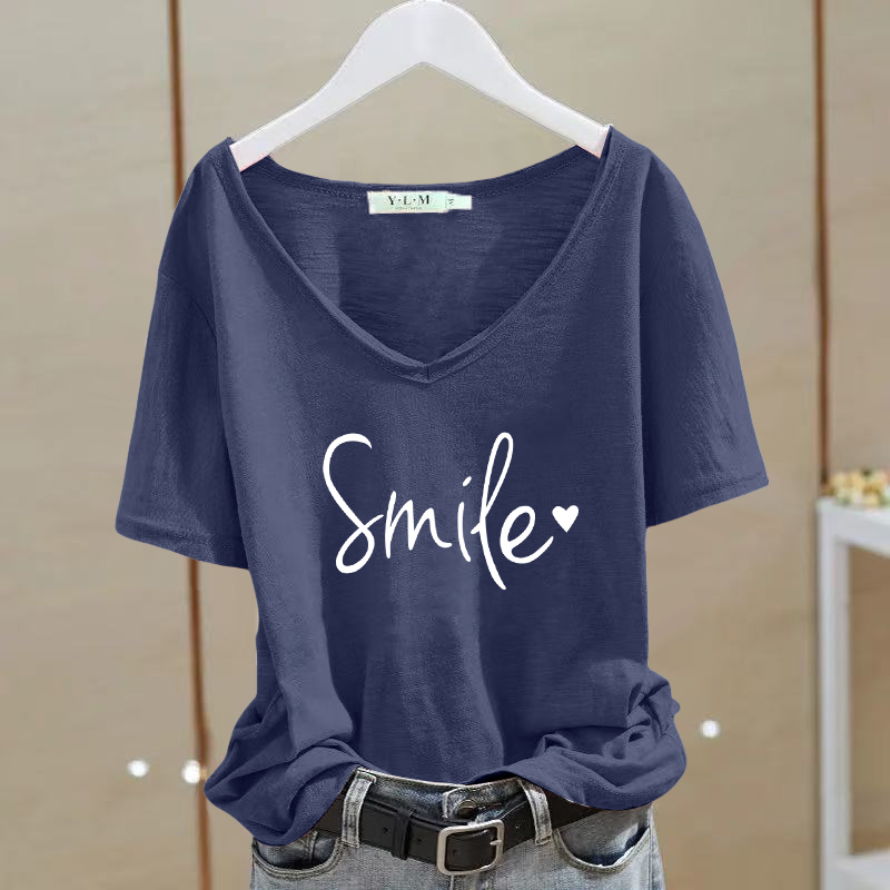 竹节棉宽松毛边V领短袖t恤女士夏季柔软印花洋气时尚气质显瘦女装