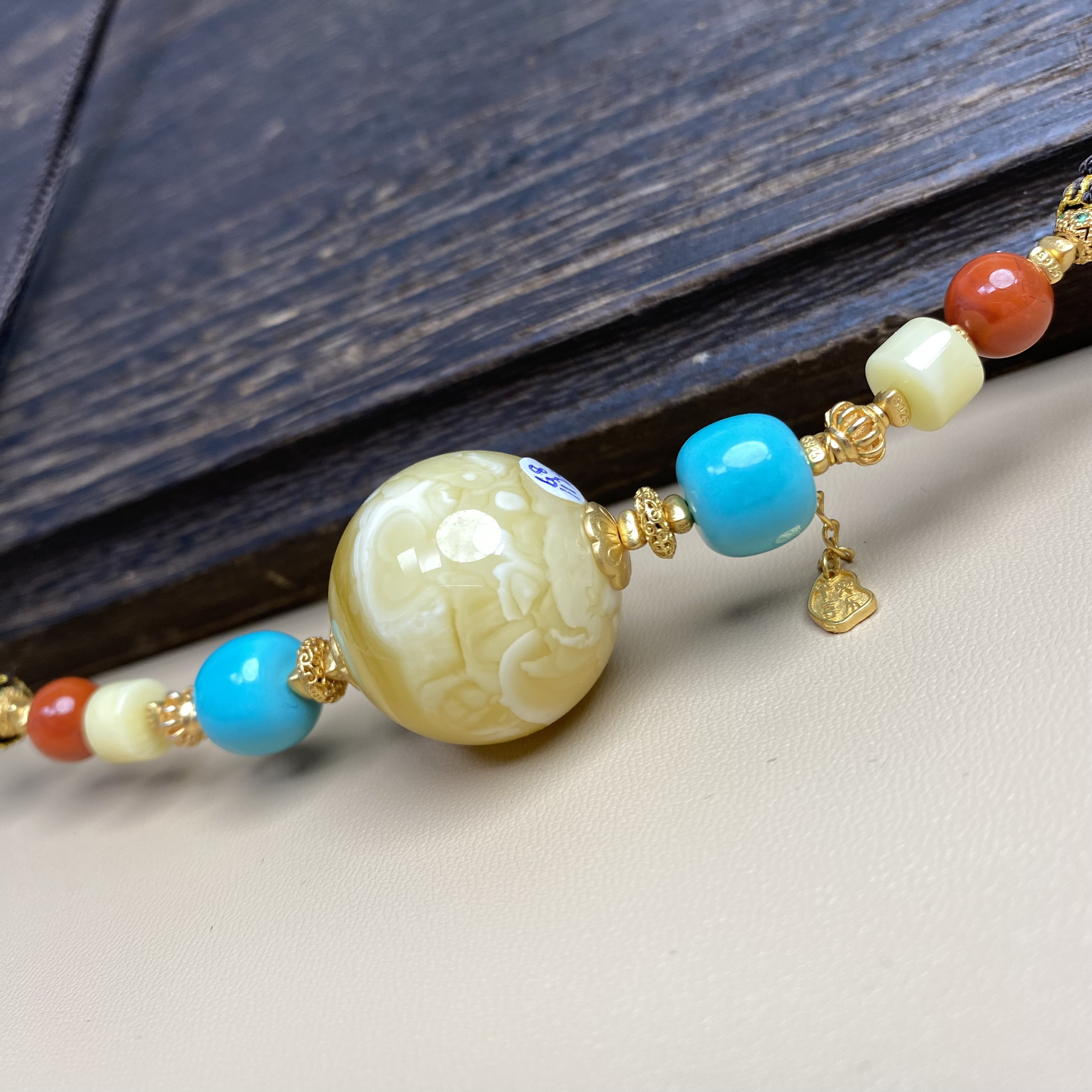 6.8克22.8毫米俄浓白虎皮妖花蜜蜡圆珠锁骨链项链桶珠马蹄珠枣珠