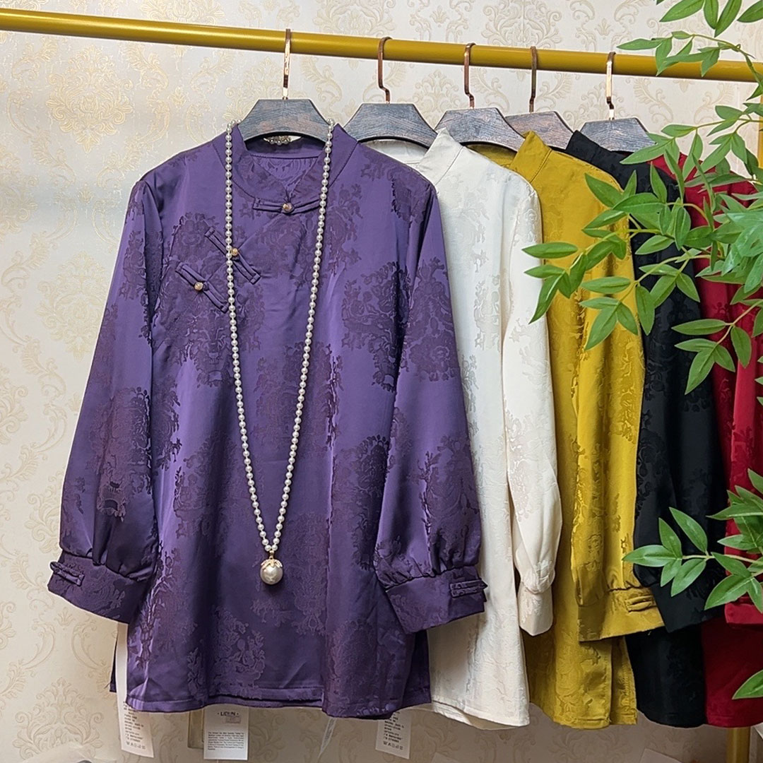 YY新中式加厚大码小立领打底衫提花缎面贵气复古衬衫200斤上衣215