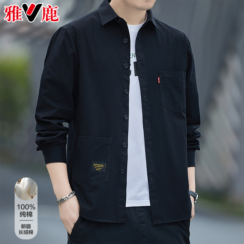 雅鹿男士黑色日系纯棉长袖衬衫高级感宽松修身休闲复古工装衬衣潮