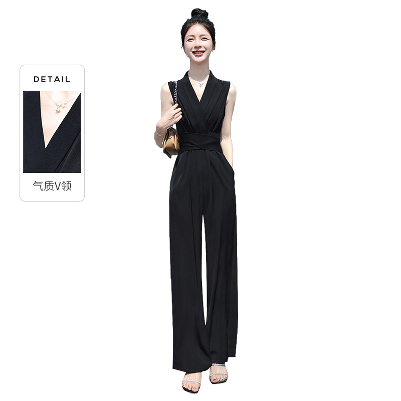 丝柏舍夏季新款收腰V领纯色气质无袖连体裤财阀千金女装S32R1735P