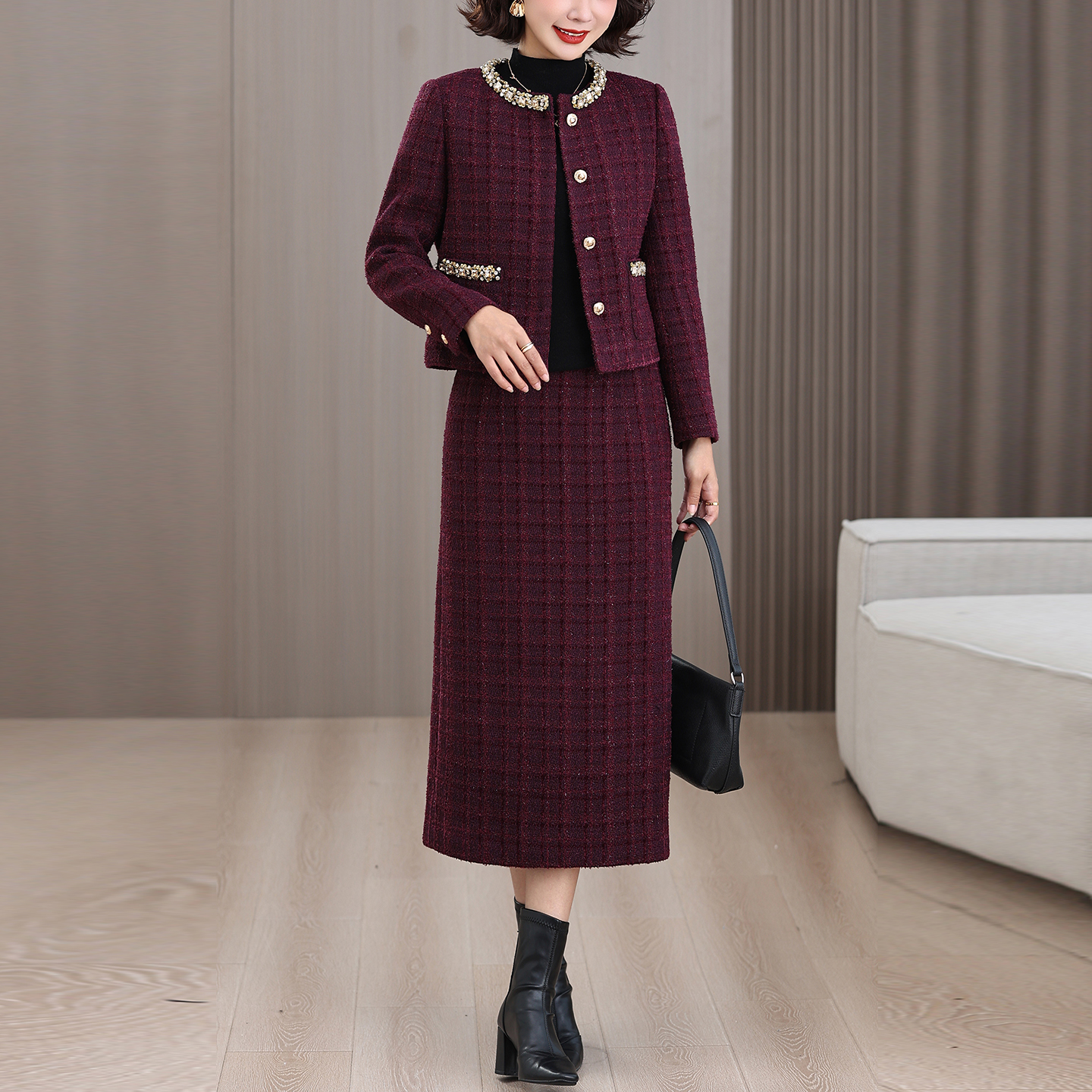 2025秋冬喜妈妈结婚宴礼服紫色减龄小香风套装轻奢高级感平时可穿