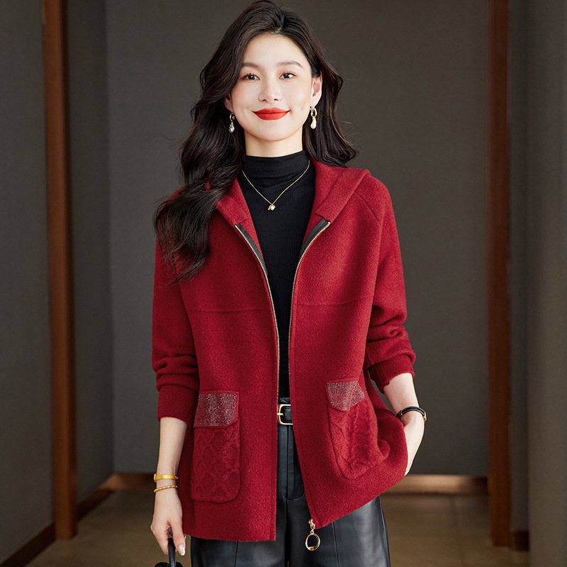 连帽女士外套洋气百搭时尚减龄中长款开衫休闲仿毛呢针织衫大衣女