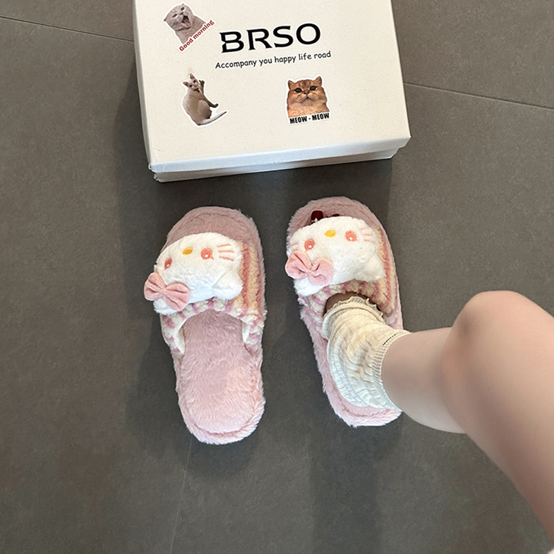 可爱甜美少女心小猫露趾毛毛拖鞋女外穿2025秋冬新款毛绒一字拖鞋