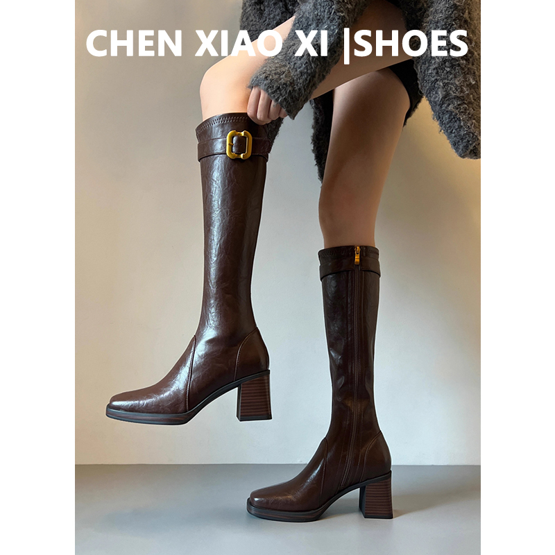 牛皮版！金属扣厚底不过膝长靴女粗跟长筒靴复古棕色高筒靴骑士靴