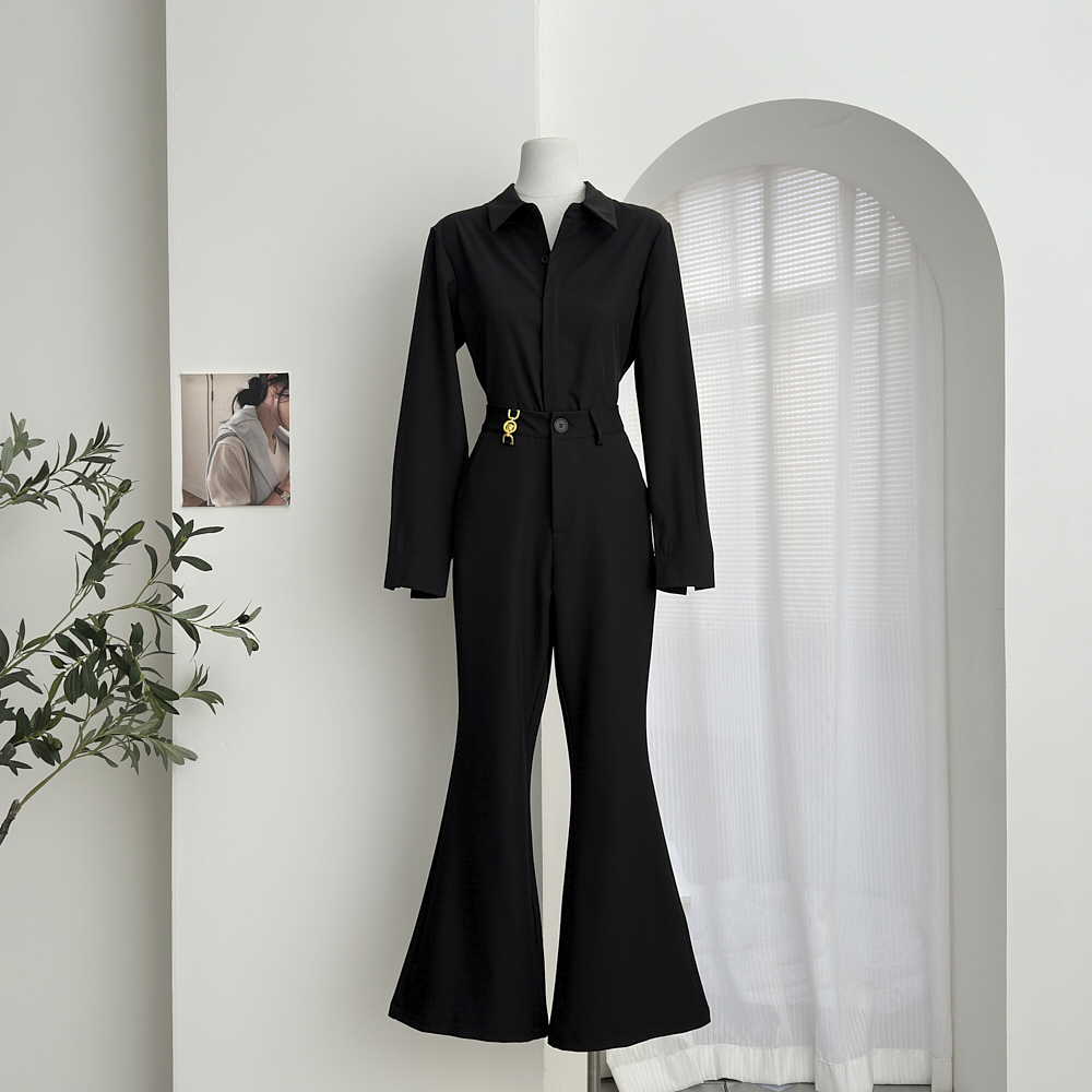 秋季新款黑色气质通勤御姐风高级感衬衫女休闲上衣高腰微喇西裤