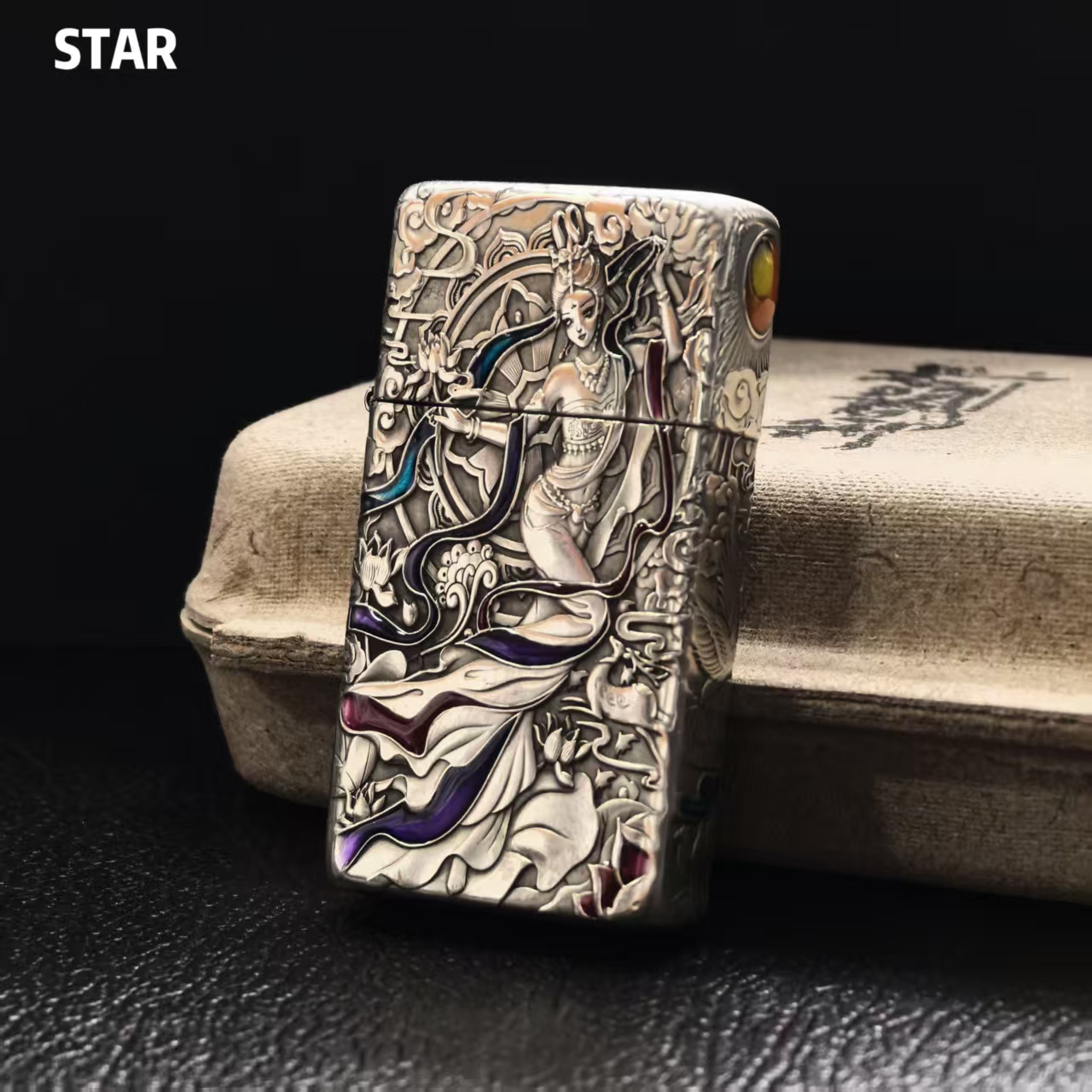 STAR恒星尘心909S白铜四面浮雕珐琅彩遇见飞天煤油打火机