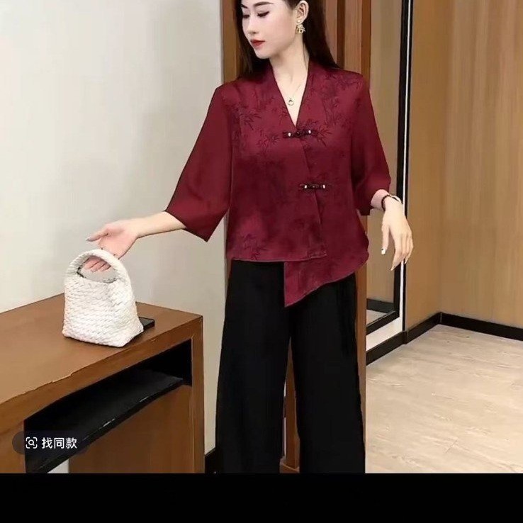 妈妈新中式雪纺衬衫女夏季2025新款夏季复古v领短袖上衣