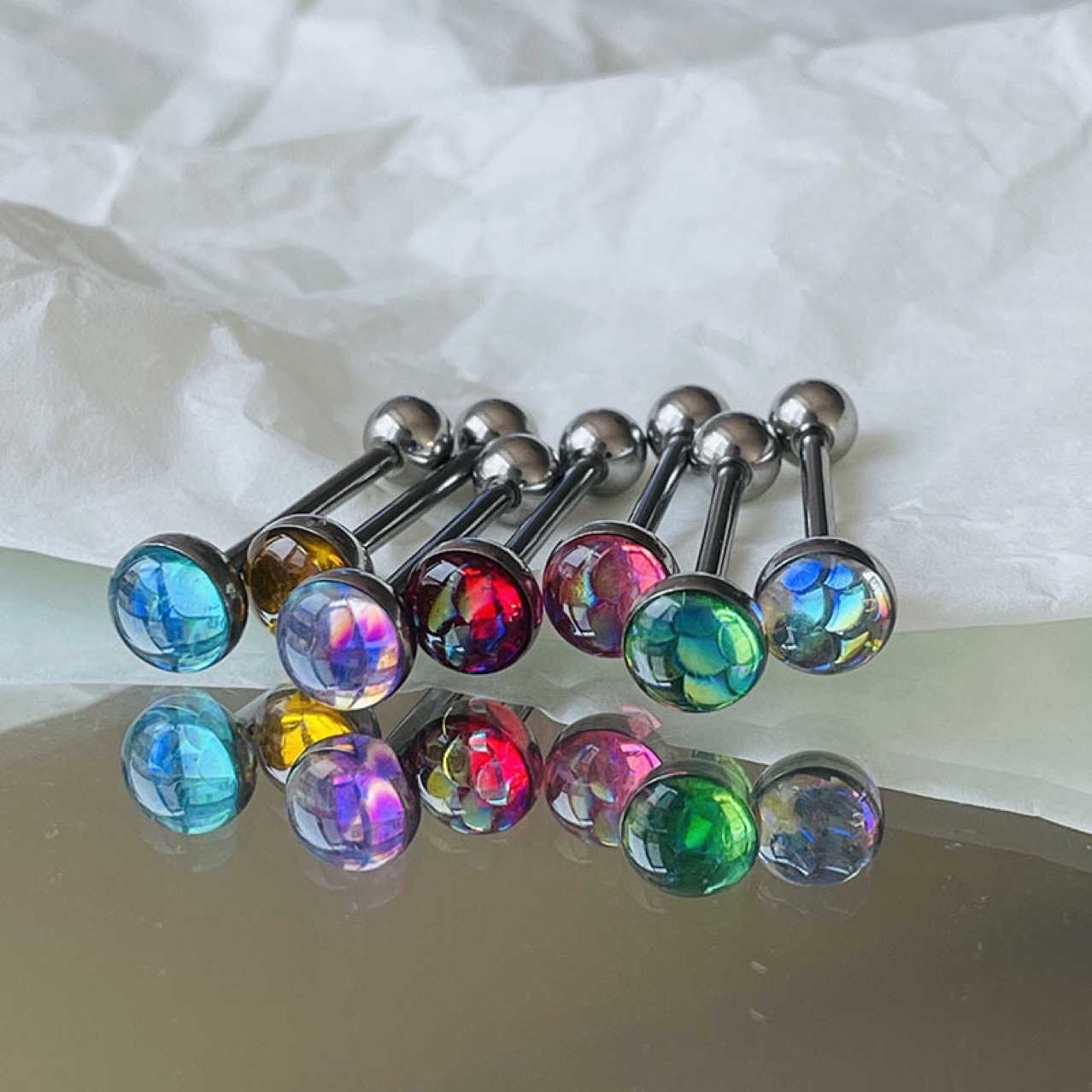 钛钢耳饰 人鱼姬系列★鱼鳞超闪钛钢外螺旋杆粗1.6舌钉饰品穿刺