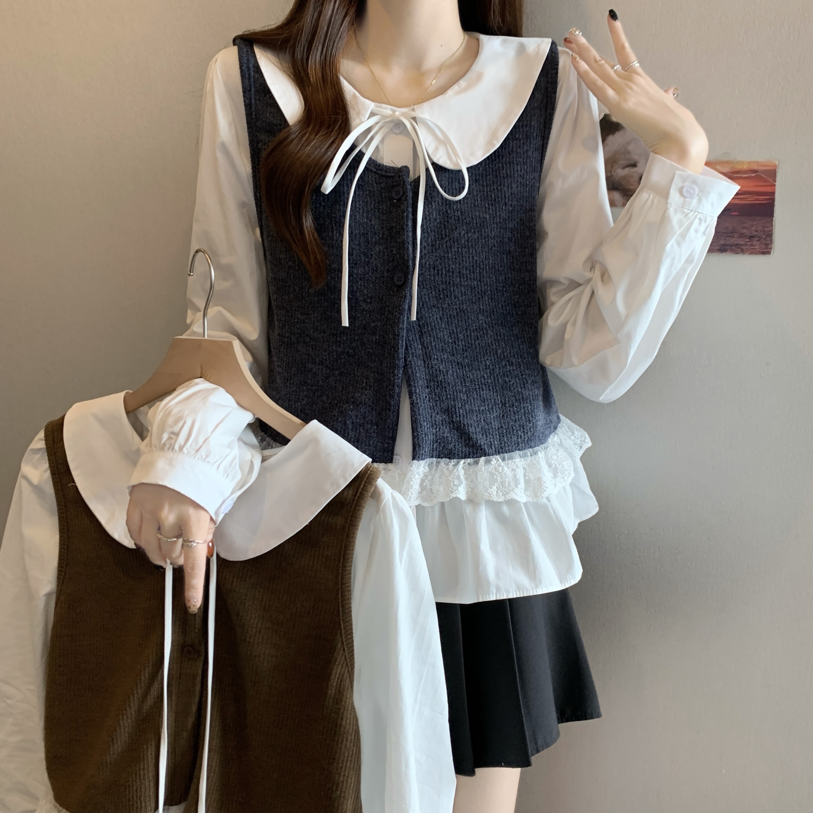 大码早秋穿搭2025新款蕾丝针织马甲背心搭配衬衫内搭上衣女两件套