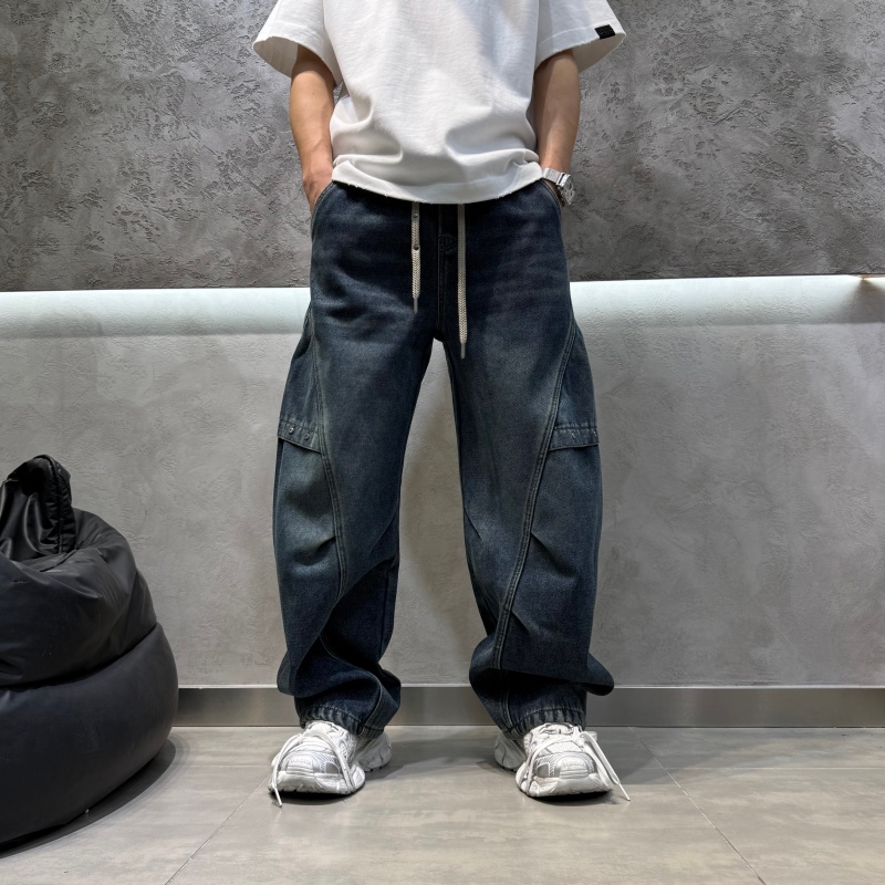 冬季男士加绒原创设计风格直筒工装风牛仔裤高街复古美式休闲男裤