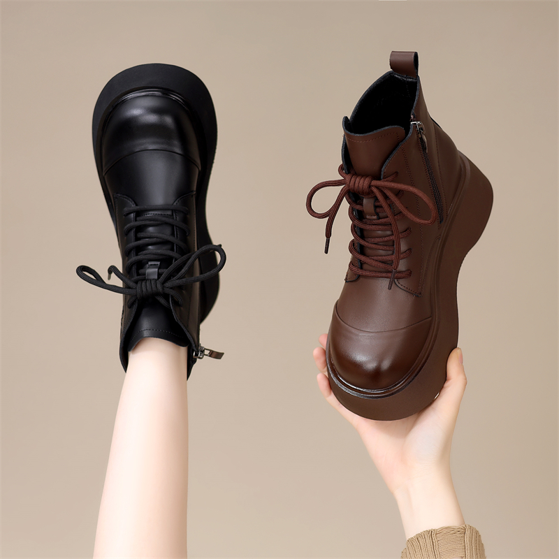 英伦厚底马丁靴女2025秋冬新款增高显脚小加绒软底舒适短靴大码41