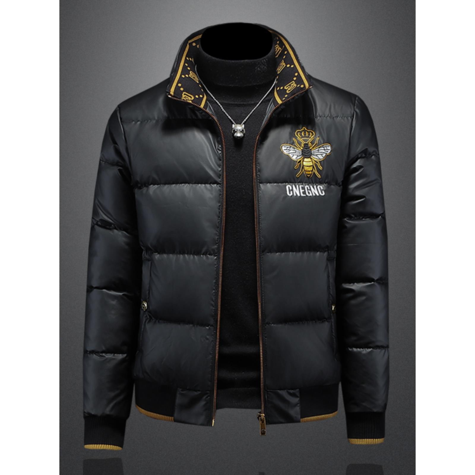 彪博冬新款男士羽绒服冬季立领小蜜蜂刺绣修身加厚保暖潮流外套男