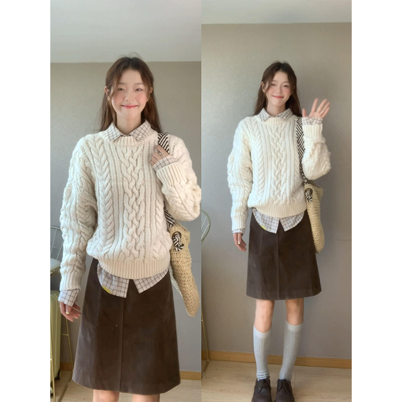 MARIE.COCO韩系温柔风秋冬新款麻花保暖针织衫格纹衬衫气质半身裙