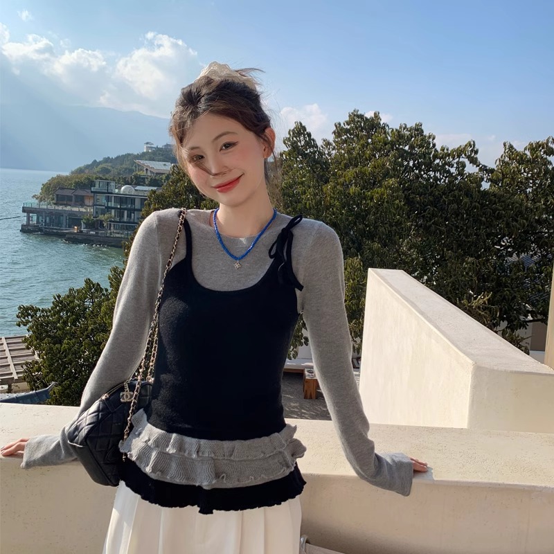 假两件打底衫女内搭2025春季新款设计感吊带背心外穿长袖针织上衣