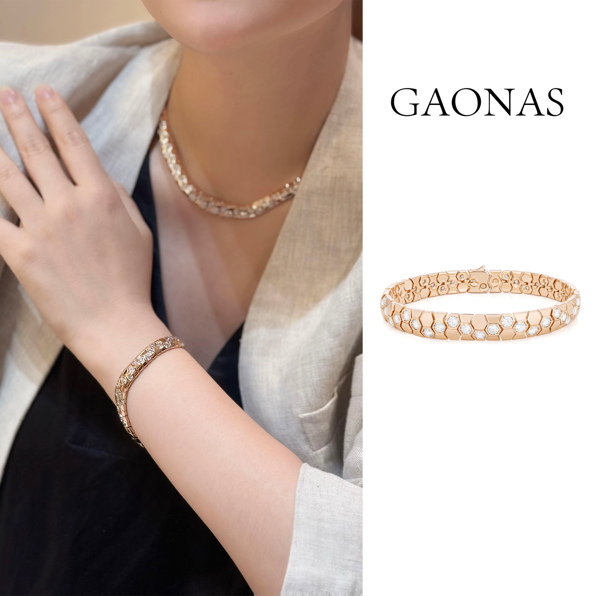 GAONAS 铜合金合成锆石手链 柏林热吻 金色蜂巢设计手链11419SGO
