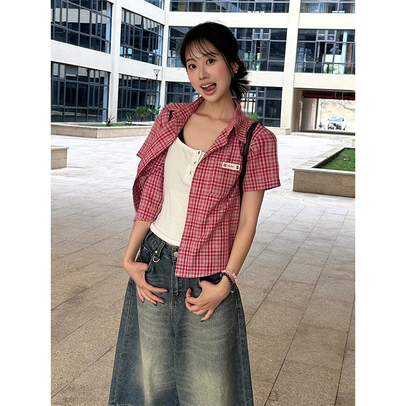 美式格子正肩短袖衬衫女夏季新款学院风红色衬衣外套修身短款上衣