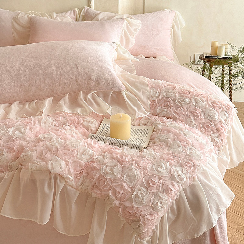 冬季法式公主风立体玫瑰花牛奶绒四件套加厚床单床笠珊瑚毛绒床品